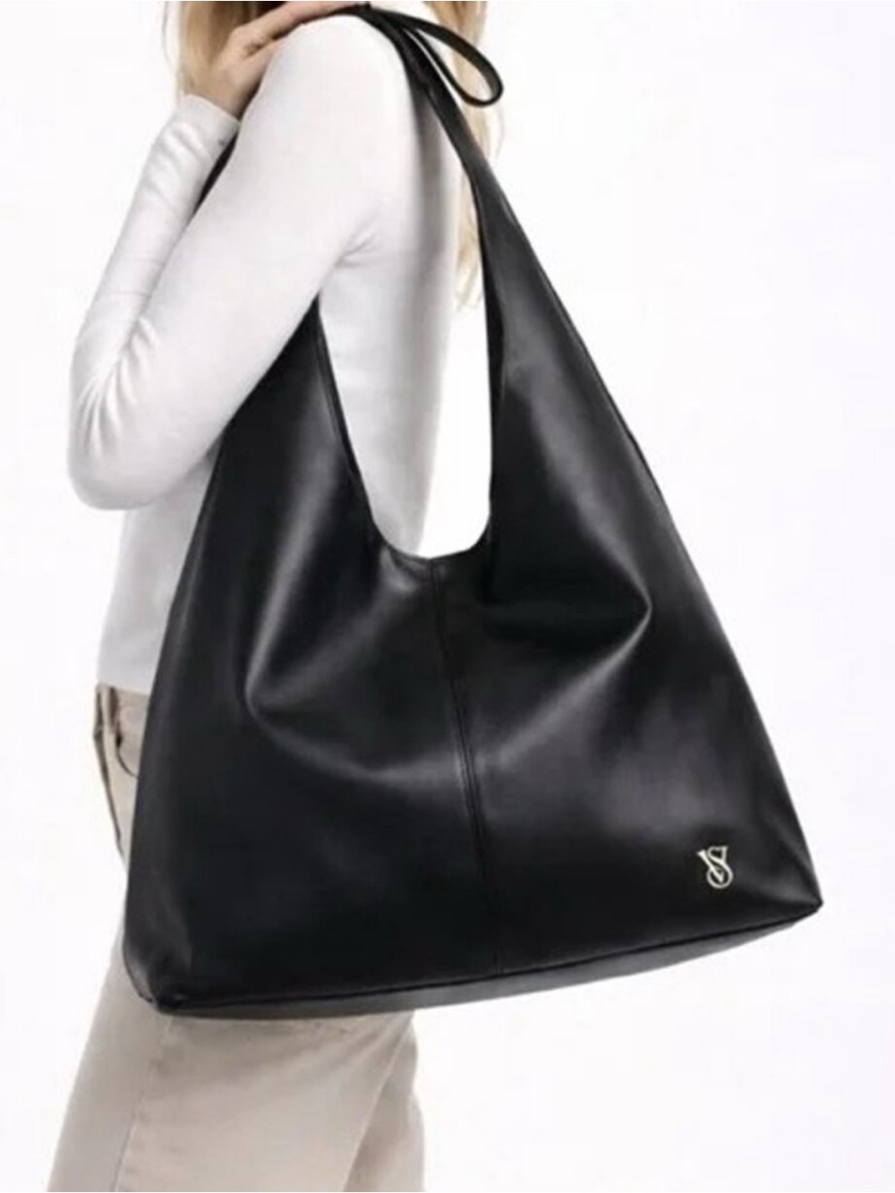 NWT Victoria's Secret Black Faux Leather Slouchy Shoulder Bag Tote With Bow